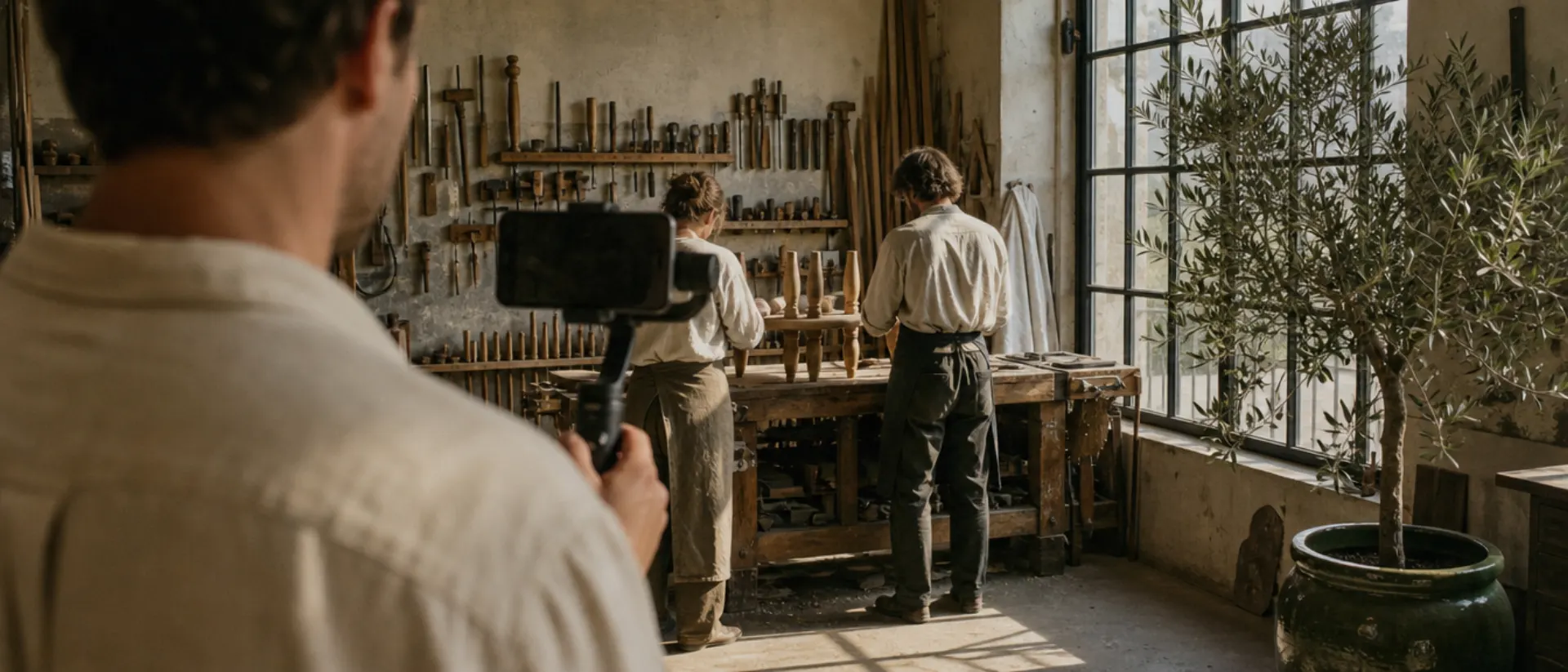 A camera, an olive branch and a linen-bound notebook on a warm stone surface in window light.